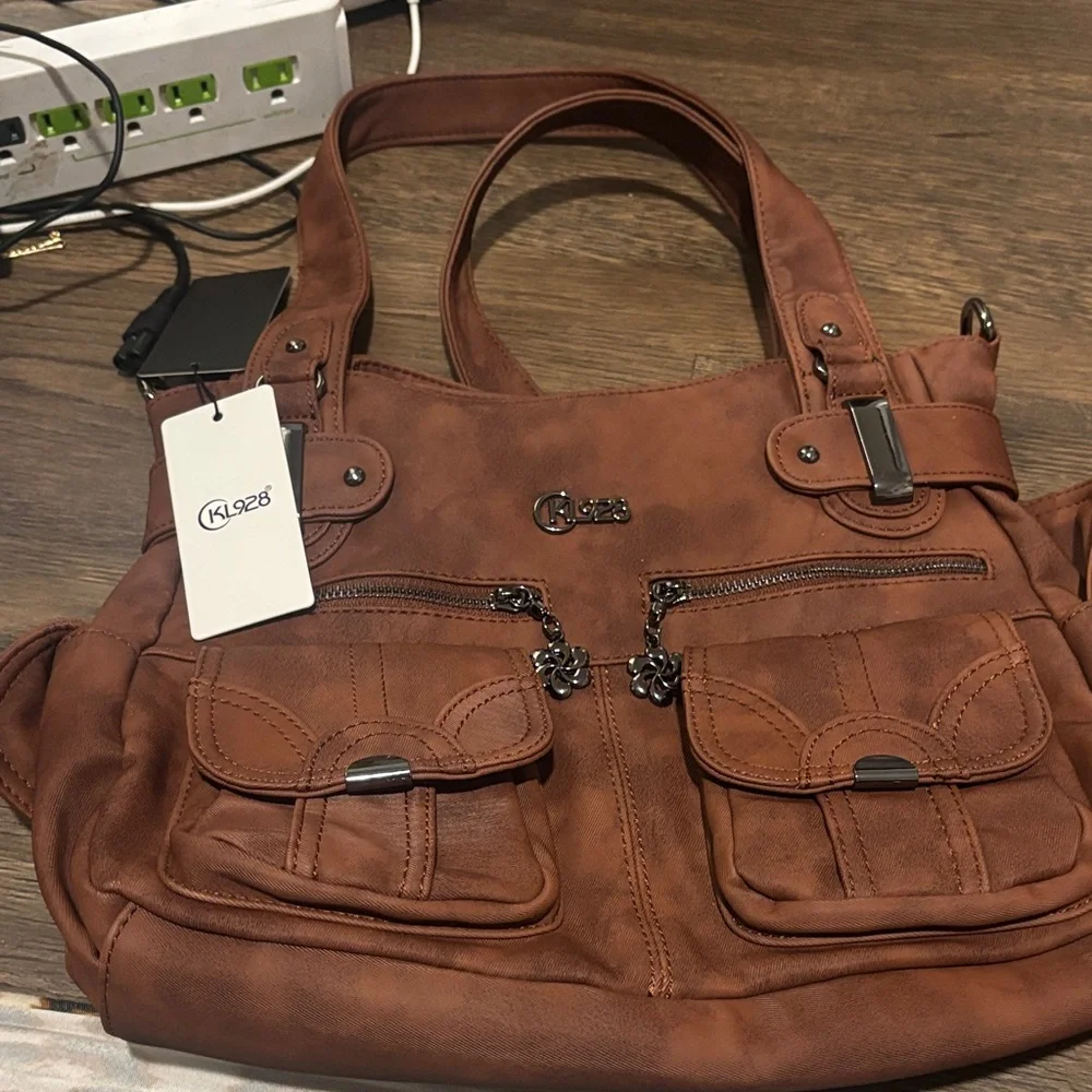 Guess Brown Handbag with Silver Accents - Picture 2 of 5